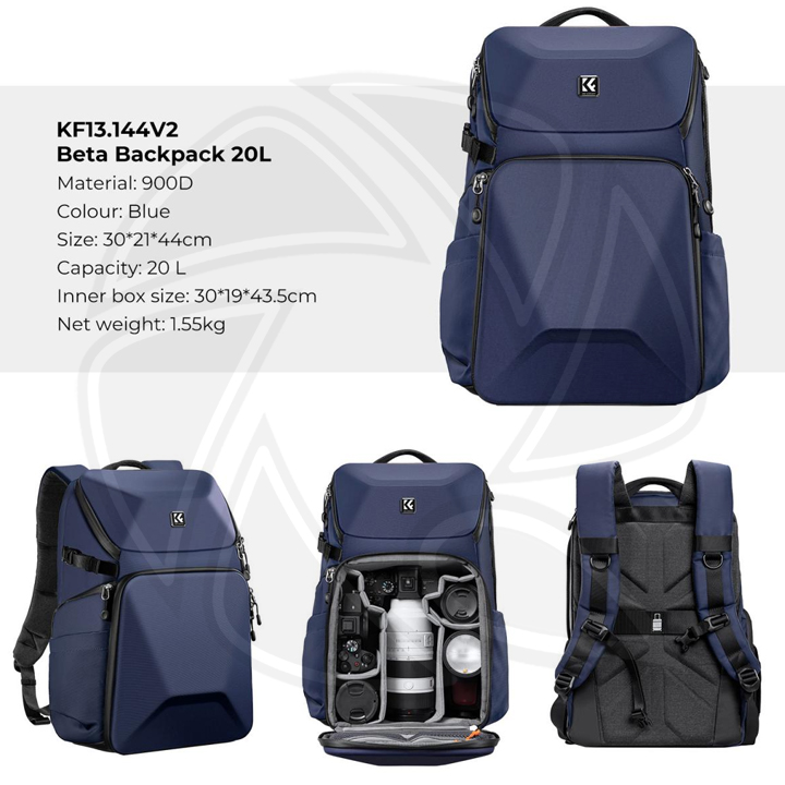 KF13.144V2 Concept Camera Backpack 20L Large Waterproof Camera Bag with Front HardShell / 15.6" Laptop / Tripod Compartment for Photographers, Blue