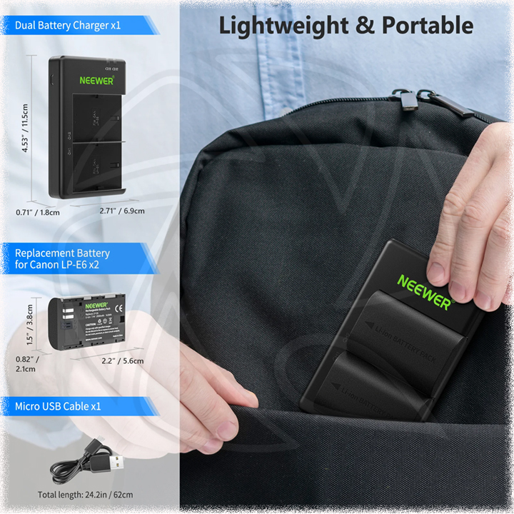 NEEWER 2PCS 2000 MAH LP-E6 BATTERY (BLACK) + DUAL USB CHARGER (10090503)