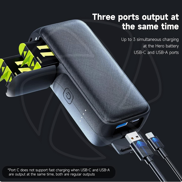 TELESIN Portable power bank for GoPro Hero 12/11/10/9/8/7/6/5 batteries (with built-in 10,000mAh battery cell) /GP-PB-001