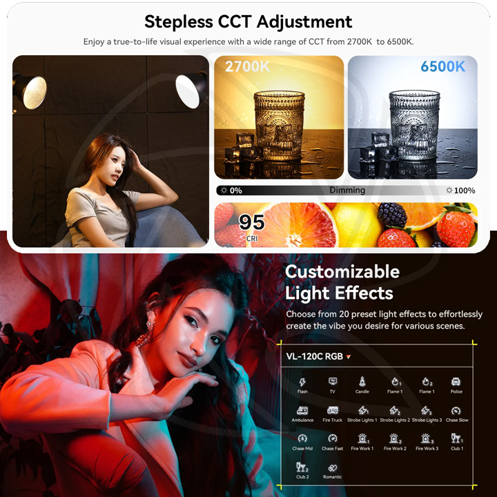 Ulanzi VL120BI 120W Bi-color V-Mount Video Light with Plug DC Power Adapter Cable