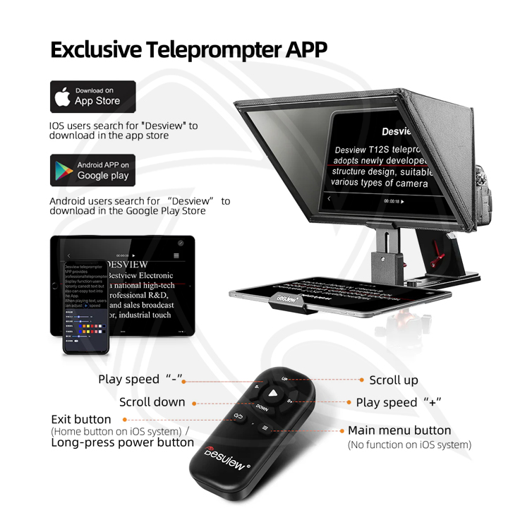 DESVIEW T12S Teleprompter with Remote Control for iPad/Tablet/Smartphone