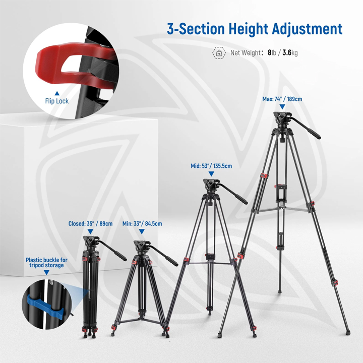 NEEWER GM88 189cm PROFESSIONAL VIDEO TRIPOD WITH FLUID DRAG PAN HEAD  (10101048)