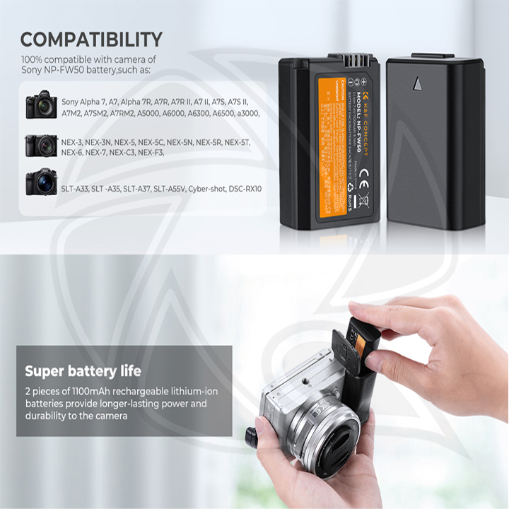 KF28.0015 NP-FW50 Battery Charger Set for Sony Alpha (2-Pack, Micro USB Port, 2280mAH)