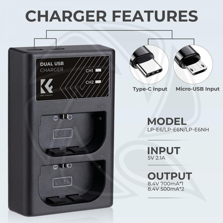 KF28.0007 LP-E6/LP-E6N/LP-E6NH Battery Charger, Dual Slot Quick Charger for Canon