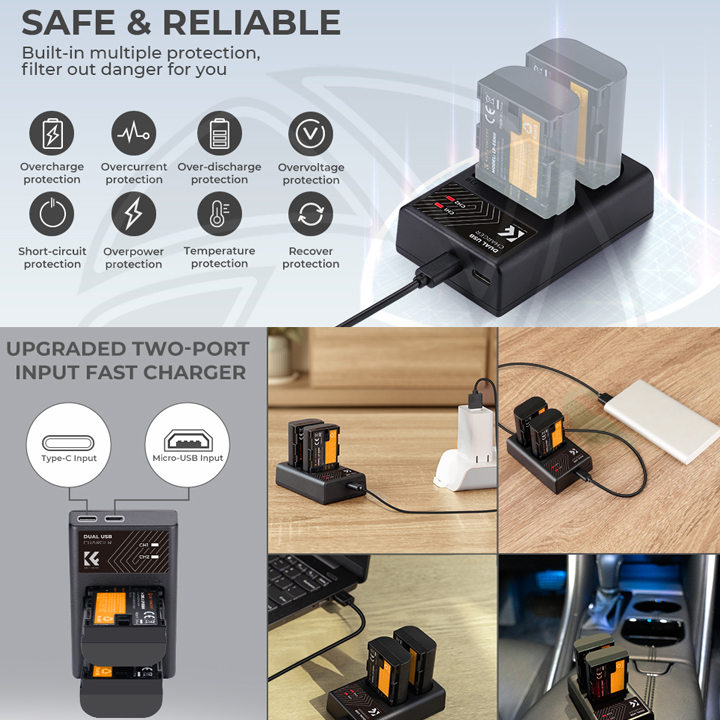 KF28.0007 LP-E6/LP-E6N/LP-E6NH Battery Charger, Dual Slot Quick Charger for Canon