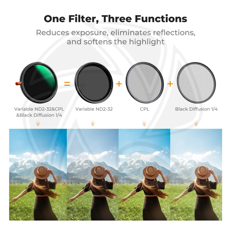 KF01.2928V2 82mm Variable ND2-32 (1-5 Stops) &amp; Circular Polarizing Filter CPL &amp; Black Mist 1/4 3 in 1 HD Lens Filter with 28 Multi-Coated for Camera Lenses Nano-Xcel Series
