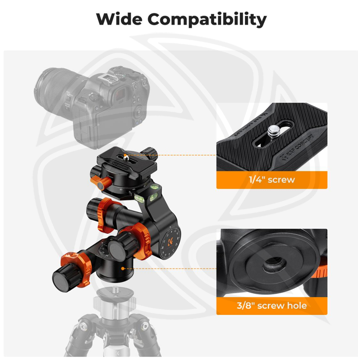 KF31.127Concept Geared Tripod Head, 360°Panoramic 3-Way Ballhead with Quick Release Plate, 6KG Load-bearing for Macro, Star Shooting, Commercial Photography