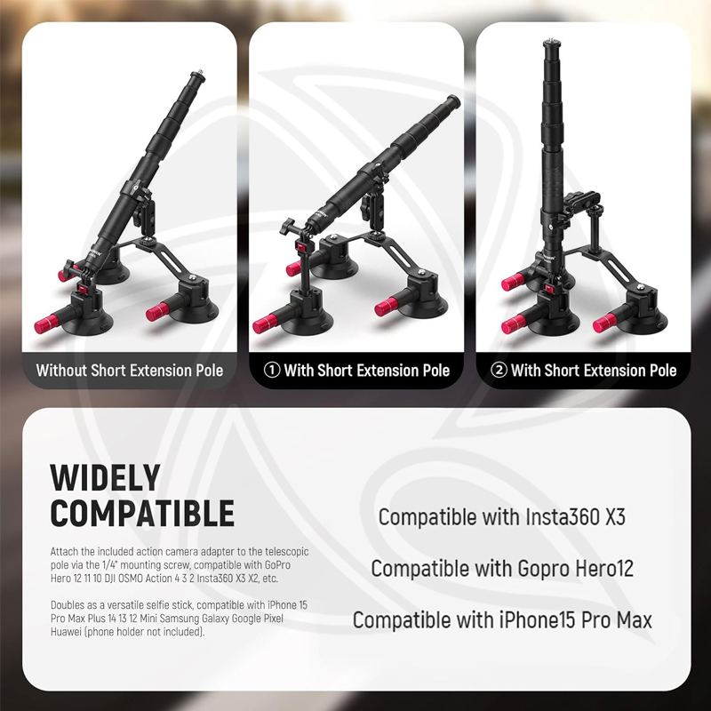 NEEWER CA065 Triple Suction Cup Car Mount with Selfie Stick 110cm (10103631)