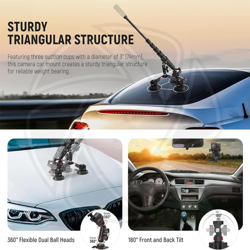 NEEWER CA065 Triple Suction Cup Car Mount with Selfie Stick 110cm (10103631)