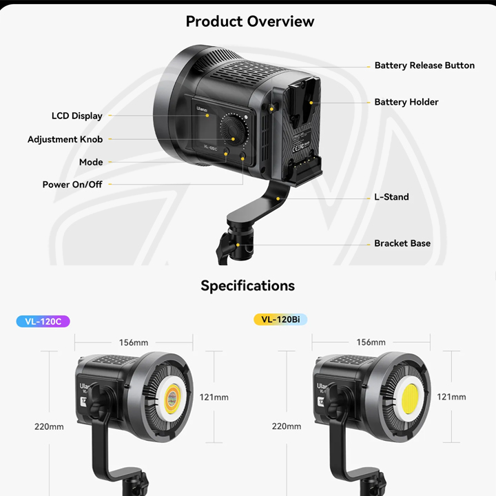 QPS-VL120BI 120W Bi-color V-Mount Video Light with General SoftBox RedLine 90cm &amp;Light Stand