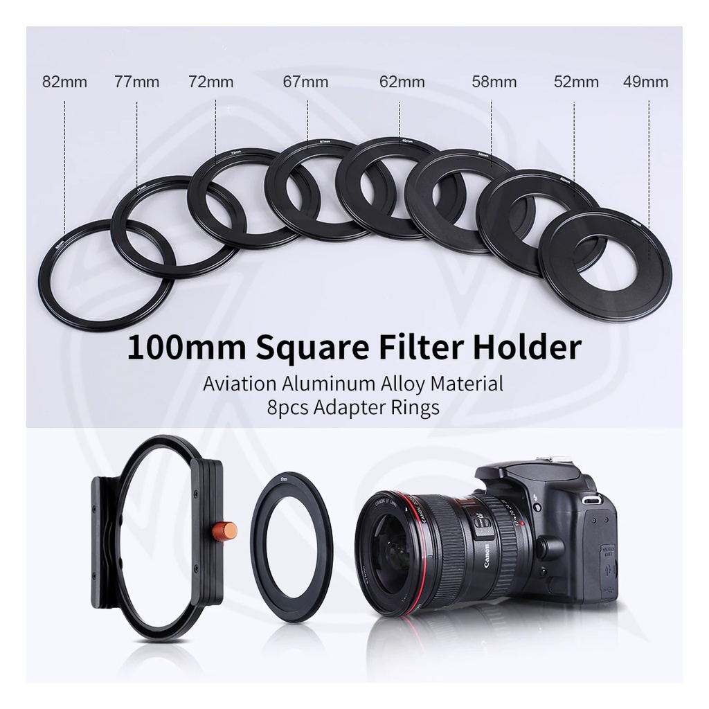 K&amp;F SQ filter Kit, 100*100*2mm Square  Nd1000 filter , HD waterproof Anti Scratch, Green Coated+ Square filter Holder + 8pcs Square Filter ring (49,52,58,62,72,77,82mm) Nano X