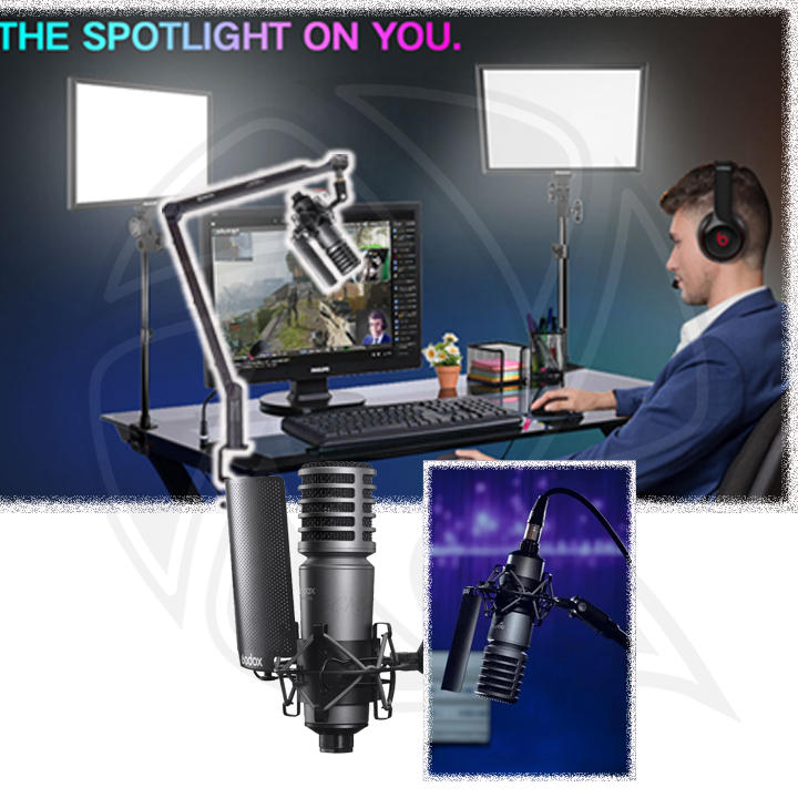 QPS- Led Video Light with Large-Diaphragm Condenser XLR Microphone &amp;Microphone Boom Arm kit