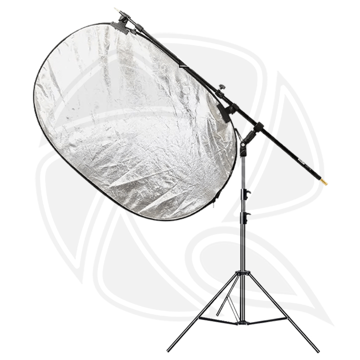 QPS-Boom Arm Reflector Holder with Reflector 120x180cm &amp; Light Stand