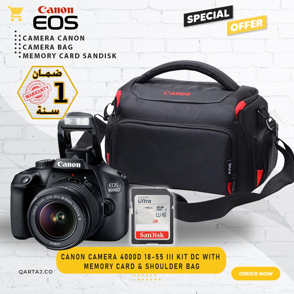 CANON CAMERA 4000D 18-55 III KIT DC with Memory Card &amp; Shoulder Bag