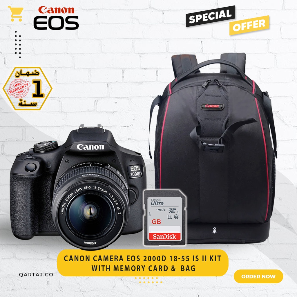 CANON CAMERA EOS 2000D 18-55 IS II KIT with Memory Card &amp; Shoulder Bag
