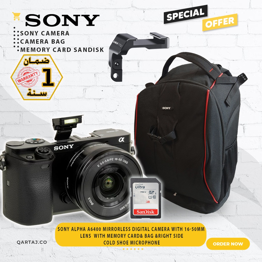 SONY Alpha a6400 Mirrorless Digital Camera with 16-50mm Lens  with Memory Card&amp; Bag &amp;Right Side Cold Shoe Microphone