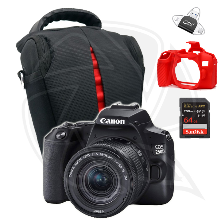 CANON EOS 250D (Black) with 18-55 IS STM Lens Conical Bag (Red/Special offer)