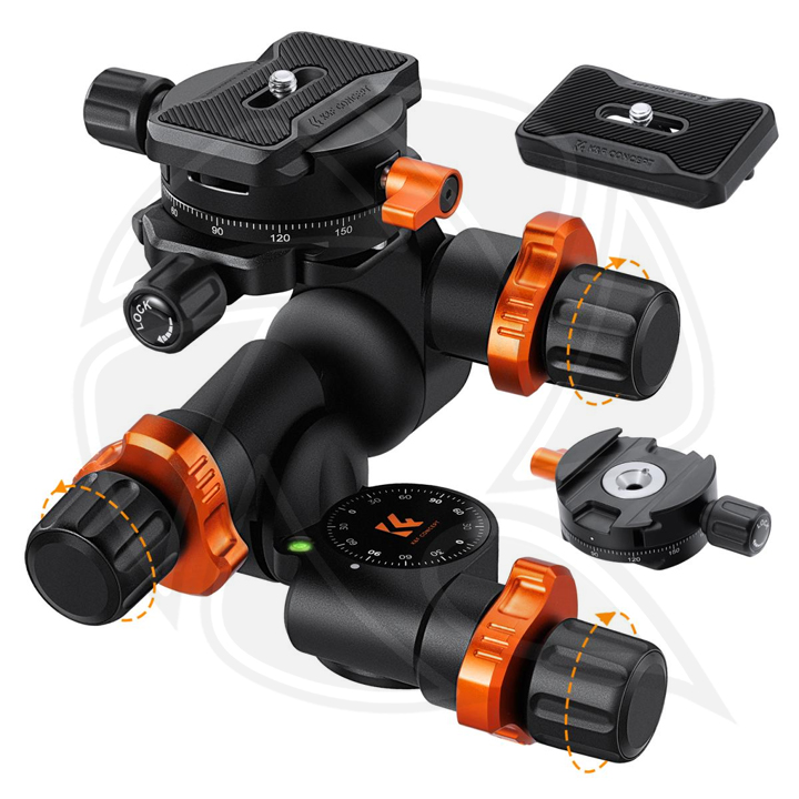 KF31.127Concept Geared Tripod Head, 360°Panoramic 3-Way Ballhead with Quick Release Plate, 6KG Load-bearing for Macro, Star Shooting, Commercial Photography