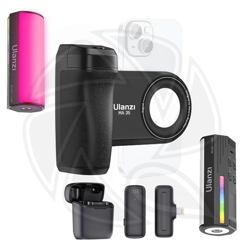 QPS- MA35 Camera Shutter and Grip with RGB Light &amp; Wireless Lavalier Microphone for Lightning Mobile